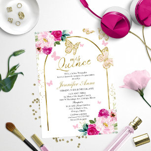 Convites Borboleta Rosa Floral Espanhola Quinceanera
