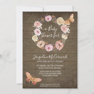 Convites Borboleta Rosa Floral Rústica Wood Wreath Baby Gi