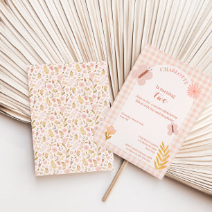 Convites Borboleta Rosa Gingham com Flores Aniversário