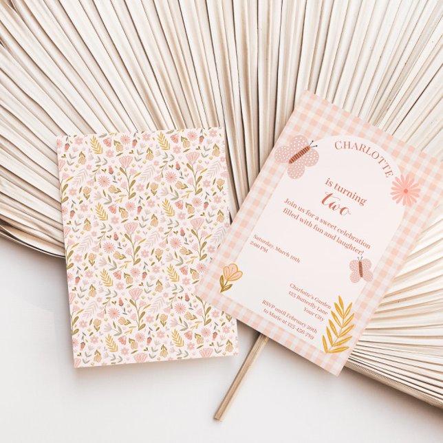 Convites Borboleta Rosa Gingham com Flores Aniversário (Criador carregado)