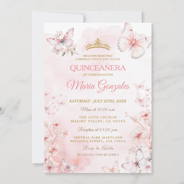 Convites Borboleta rosa Quinceañera (Frente)