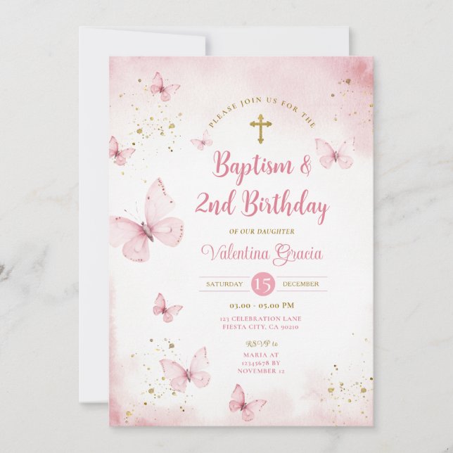 Convites Borboleta rosa segundo aniversário batismo cruz (Frente)