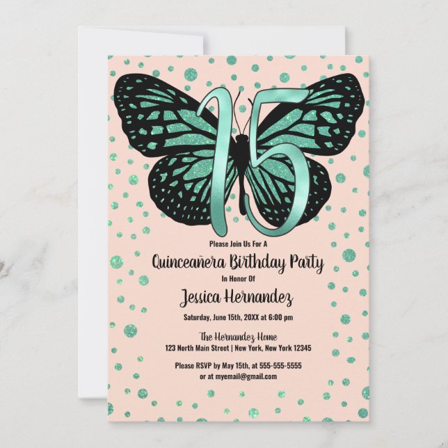 Convites Borboleta Rosa Teal Glitter Confetti Quinceañera (Frente)