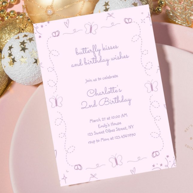 Convites Borboleta Roxa Desenhada À Mão Branca (Purple Butterfly Birthday Invitation, Whimsical Butterfly Birthday, Hand drawn Butterflies, Handwrit)