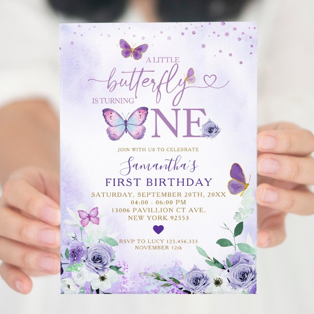 Convites Borboleta Roxa Elegante está virando um aniversári (Criador carregado)