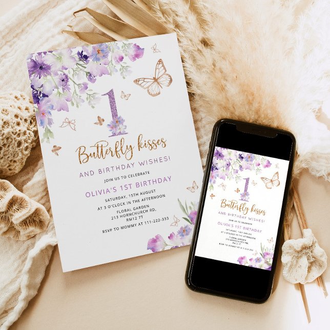 Convites Borboleta Roxa, primeiro aniversário (Criador carregado)