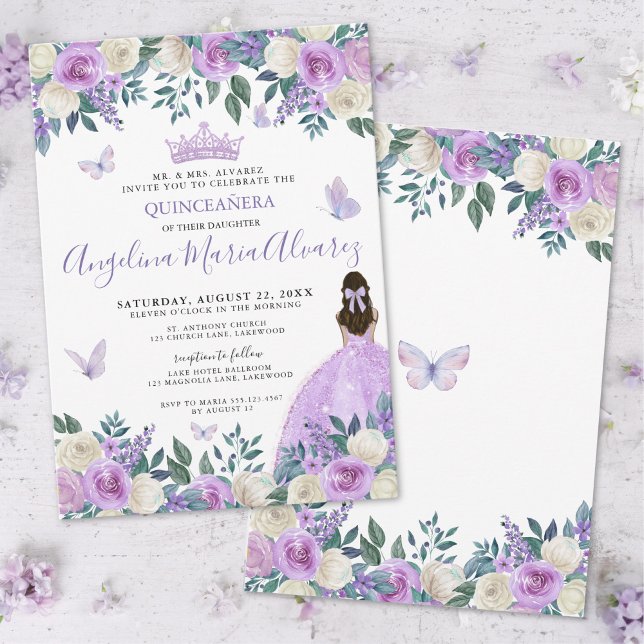 Convites Borboleta Roxa Quinceañera (Purple Butterfly Floral Quinceañera Invitation)