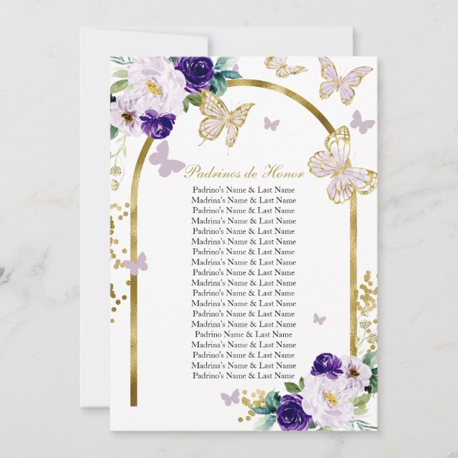 Convites Borboleta Roxa Quinceanera Padrinos de Honra (Frente)