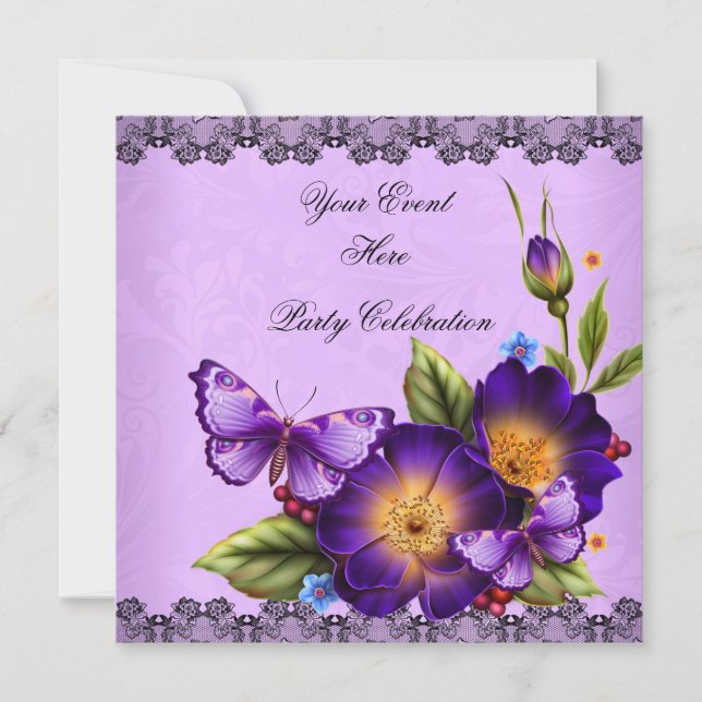 Convites Borboleta Roxo Flor de Renda Damask Festa (Frente)