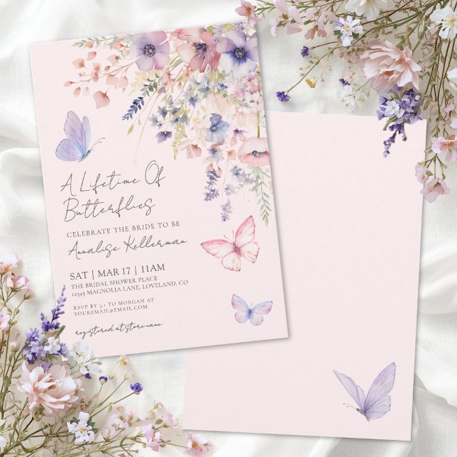 Convites Borboleta Rubor Rosa Floral Chá de Noiva (Butterfly Blush Pink Floral Bridal Shower Invitation)