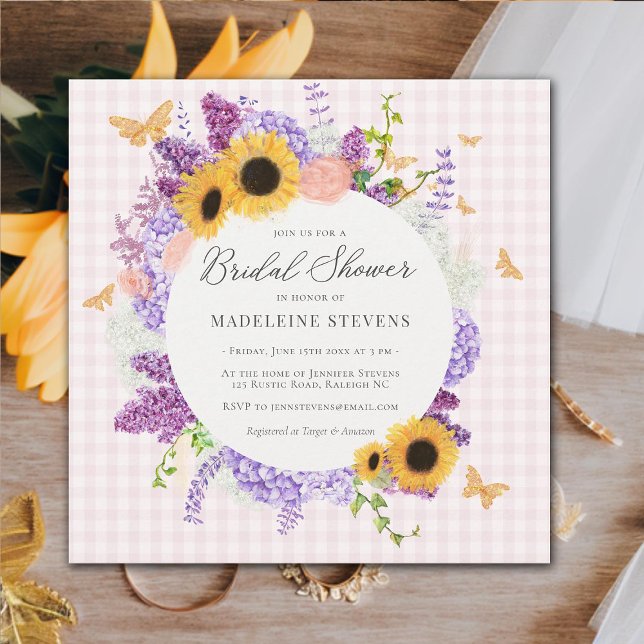 Convites Borboleta russa Chá de panela de Hydrangea (rustic butterfly bridal shower invitation pink gingham sunflower hydrangea lilac wreath gold elegant)