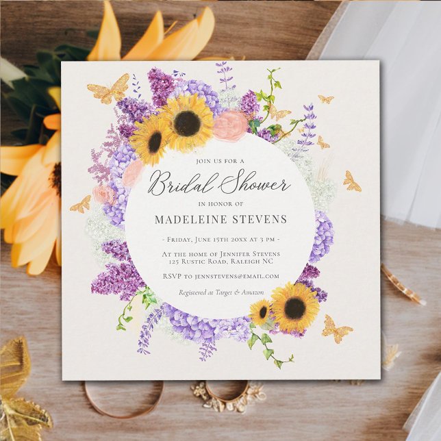 Convites Borboleta russa Girassol Chá de panela Liloso (rustic butterfly bridal shower invitation sunflower hydrangea lilac wreath elegant modern romantic)