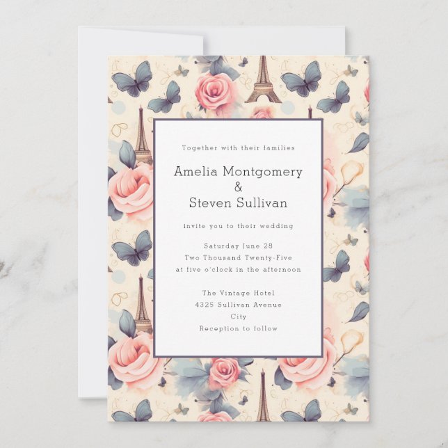 Convites Borboleta Torre Eiffel e Casamento de Padrão de Ro (Frente)