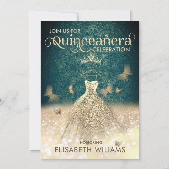 Convites Borboleta verde Dourada Quinceañera (Frente)