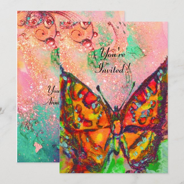 Convites BORBOLETA VERMELHA ROSA FÚCSIA BRILHOS DOURADOS Do (Frente/Verso)