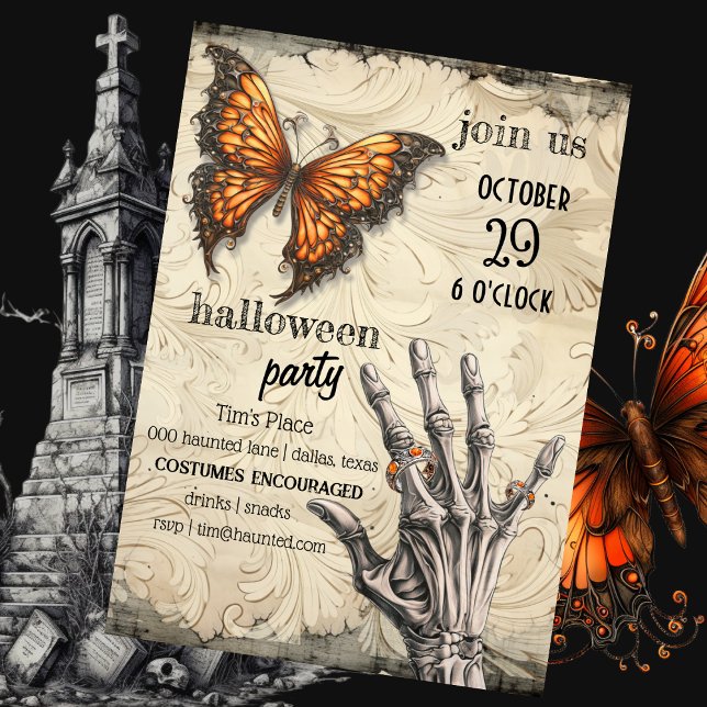 Convites Borboleta Vitoriana | Esqueleto | Halloween gótico (Haunted Halloween party invitation with steampunk monarch butterfly and skeleton hand with rings. )