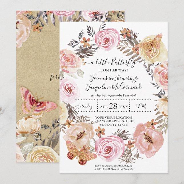 Convites Borboleta Watercolor Wreath Pink Floral Baby Girl (Frente/Verso)