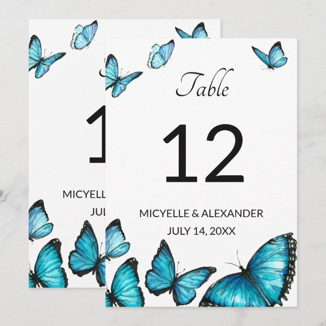 Convites Borboletas aguarela azul Número da Mesa de Casamen (Frente/Verso)