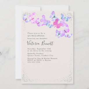Convites Borboletas Aquarela Confetes Prateados Quinceanera