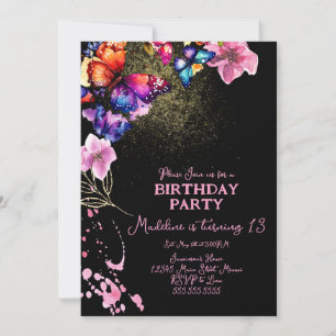 Convites Borboletas Aquarela em Florais Preto Aniversário
