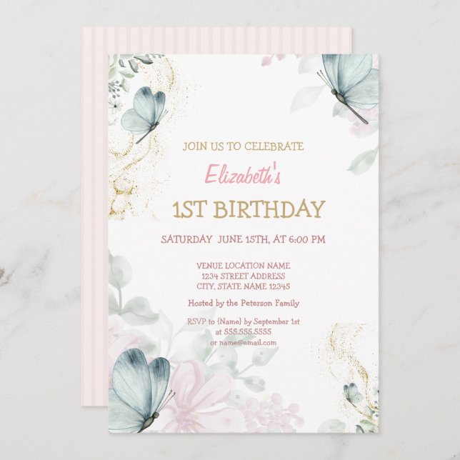 Convites Borboletas Azuis de Cana-de-Água - Greve Rosa (Frente/Verso)