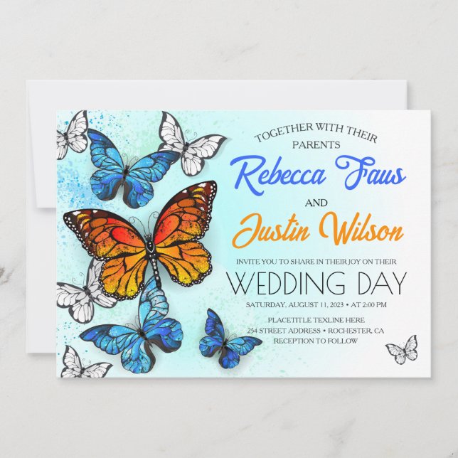 Convites Borboletas Azuis e Laranjas Morpho Monarca (Frente)