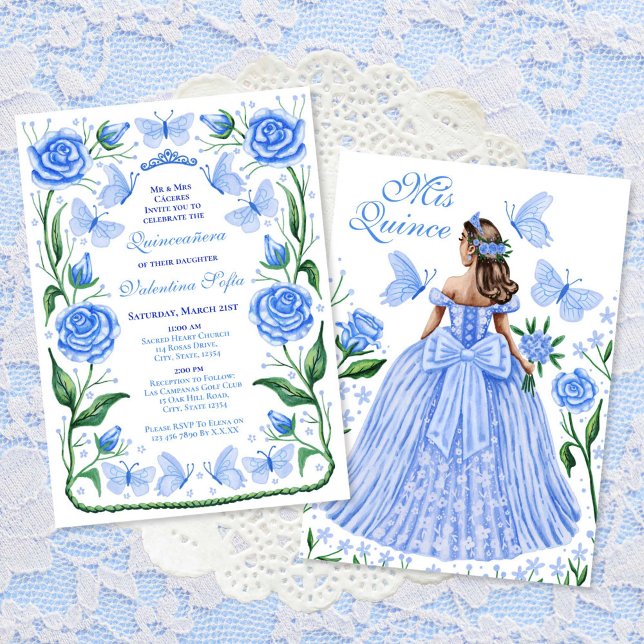 Convites Borboletas azuis e princesa Rosa Quinceanera (Blue Butterflies and Roses Princess Quinceanera Invitation)