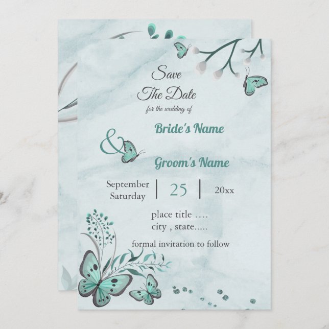 Convites borboletas azuis folhas florais exceto data (Frente/Verso)