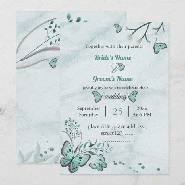 Convites borboletas azuis folhas floral casamento (Frente/Verso)