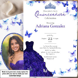 Convites Borboletas Azuis Vestido Tiara Foto Quinceanera