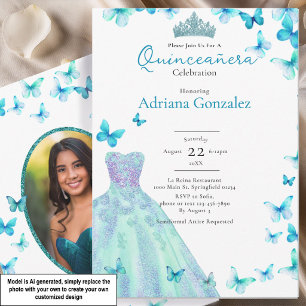 Convites Borboletas Azuis Vestido Tiara Foto Quinceanera