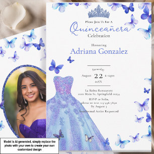 Convites Borboletas Azuis Vestido Tiara Foto Quinceanera