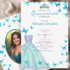 Convites Borboletas Azuis Vestido Tiara Foto Quinceanera
