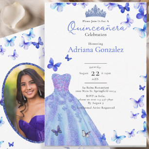 Convites Borboletas Azuis Vestido Tiara Foto Quinceanera