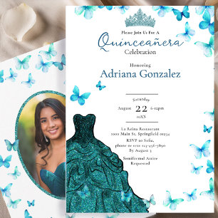 Convites Borboletas Azuis Vestido Tiara Foto Quinceanera