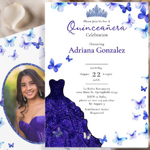 Convites Borboletas Azuis Vestido Tiara Foto Quinceanera