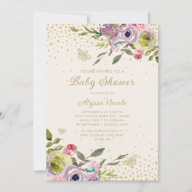 Convites Borboletas Brilho Dourado Floral Rosa Roxo Bebê  (Frente)