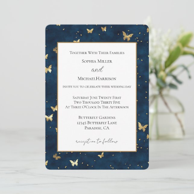 Convites Borboletas Casamento Azul Dourado (Em pé/Frente)