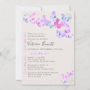Convites Borboletas Confetes Prateados Quinceanera e Missa