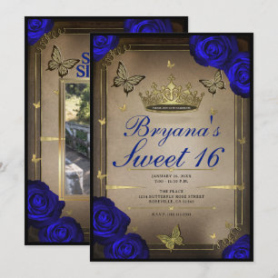 Convites Borboletas da Tiara de Ouro Rosas Azuis Sweet 16