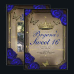 Convites Borboletas da Tiara Dourada Rosas Azuis Sweet 16<br><div class="desc">Personalize da maneira que quiser.

Substitua a foto na parte de trás com a sua própria foto ou remova a foto completamente.</div>