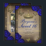 Convites Borboletas da Tiara Dourada Rosas Azuis Sweet 16<br><div class="desc">Personalize da maneira que quiser.

Substitua a foto na parte de trás com a sua própria foto ou remova a foto completamente.</div>