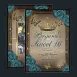 Convites Borboletas da Tiara Dourada Rosas Azul Claro Doce<br><div class="desc">Personalize da maneira que você quiser.</div>