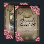 Convites Borboletas da Tiara Dourada Rosas Cor-de-Rosa Foto<br><div class="desc">Personalize da maneira que você quiser.</div>