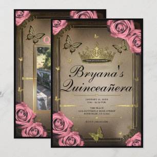 Convites Borboletas da Tiara Dourada Rosas Rosas Quinceañer