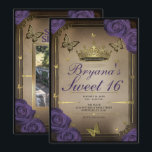 Convites Borboletas da Tiara Dourada Rosas Roxas Foto Sweet<br><div class="desc">Personalize da maneira que quiser.

Substitua a foto na parte de trás pela sua própria foto ou remova a foto completamente.</div>