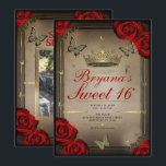 Convites Borboletas da Tiara Dourada & Rosas Vermelhas Doce<br><div class="desc">Personalize da maneira que quiser.

Substitua a foto na parte de trás com a sua própria foto ou remova a foto completamente.</div>