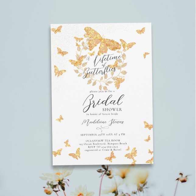 Convites Borboletas da vida moscas Douradas Chá de panela r (a lifetime of butterflies bright gold glitter eucalyptus botanical bridal shower invitation garden)