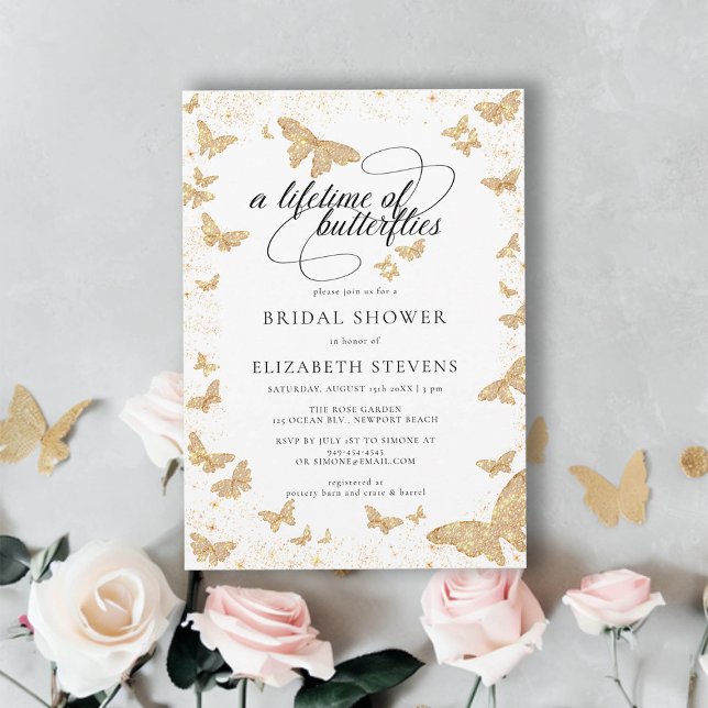 Convites Borboletas da vida moscas Douradas Chá de panela r (lifetime of butterflies bridal shower theme invitation gold garden romantic calligraphy elegant boho)