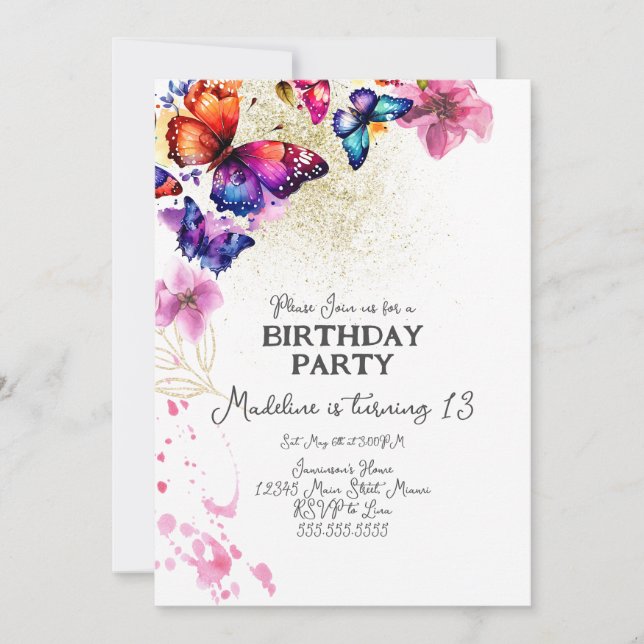Convites Borboletas de aquarela em Florais Dourado Aniversá (Frente)